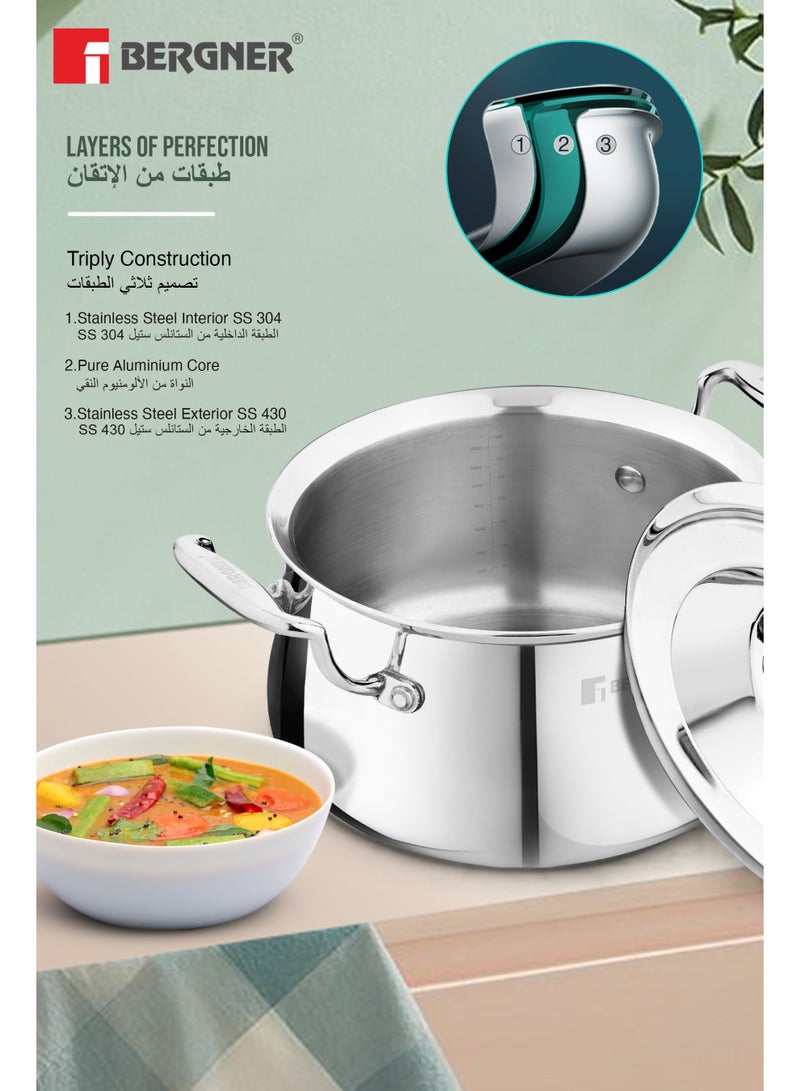 Bergner Argent Samsara 28cm (8L) Tri-Ply Stainless Steel Deep Cooking Pot, Cook &  Serve Handi for Biryani, Rice, Curries, Pulao, Consumes Less Oil, Healthy Cooking, Induction & Gas Stove Compatible - Image 3